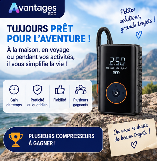 🚗 Partez l’esprit tranquille : gagnez votre compresseur d’air portable !